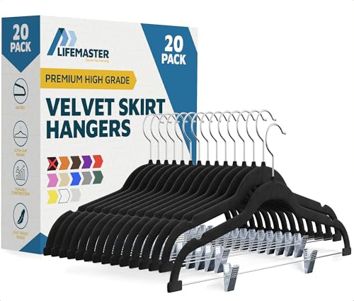 Lifemaster Velvet Skirt Hangers – with Adjustable Clips, 360 Degree Swivel Hook, and Non-Slip Shoulder Notch, Holds Up to 10 lbs, for Organizing Skirt, Pants, Dress, and Clothes, Pack of 20, Black