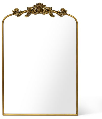 Awhtixbo Espejo barroco dorado antiguo vintage semi-circular - Decoración mural para salón, pasillo - Magnífico espejo de pared estilo barroco - 60 x 90 cm