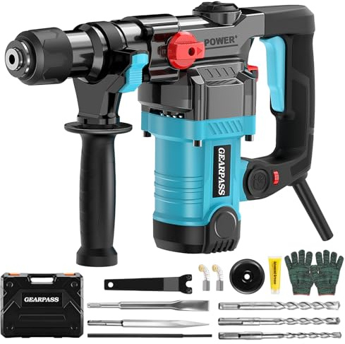 GEARPASS 1-1/4 Inch SDS-Plus Rotary Hammer Drill, 13 Amp Heavy Duty Rotary Hammer, 3 Functions with Safety Clutch, 6 Speed, Corded Rotomartillo for Concrete, Drill Bits, Flat/Point Chisels Included