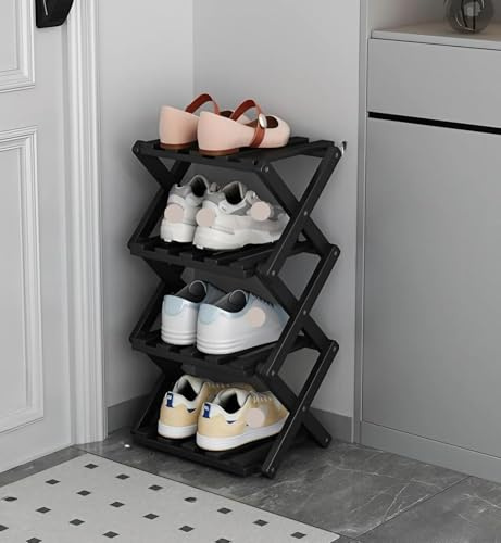 Scarpiera Pieghevole In Bambù Senza Montaggio Porta Scarpe Salvaspazio Verticale In Legno Per Ingresso Corridoio Camera Da Letto Organizzatore Slim(Black,4 floor)