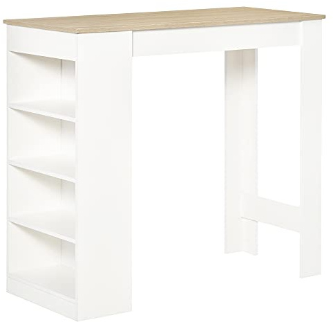HOMCOM Table de Bar pour 2 Personnes, Table Haute Mange Debout avec 4 étagères Ouvertes, pour Petits espaces, Cuisine, Salon, 115 x 50 x 102,7 cm, Style Moderne, Blanc et Bois Naturel
