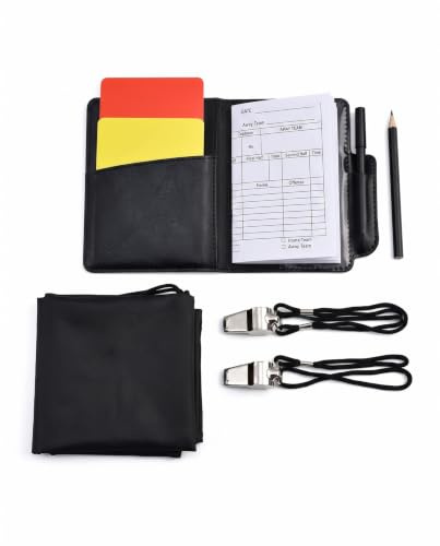BTACGWP Set Arbitre 7 Pièces, Sifflets en Acier Inoxydable, Cartons Rouge/Jaune, Carnet de Notes, Stylo, Pochette de Rangement, pour Football et Sports Scolaires