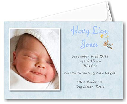 30 Personalised Blue Boys Birth Announcement Cards - Baby Thank You Cards AC1