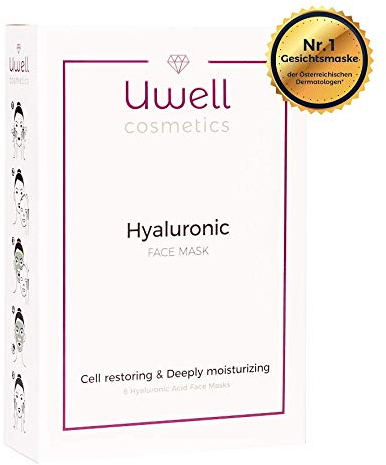 UWELL Cosmetics Hyaluron Gesichtsmaske | Face Mask | Premium Tuchmaske | Hydrogel Gesichtsmaske | Hyaluronsäure Vlies Maske | Feuchtigkeitsspendend | Vegan | einfache Anwendung | Packung zu 8 Stk.