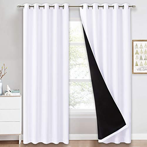PONY DANCE 100% Blackout Double-Layer Curtains with Liner - Thermal Insulated 66x90 Inch Long Curtains for Bedroom Living Room, Energy Energy & Noise Reducing, White Grommet Blackout Drapes, 2 Panels