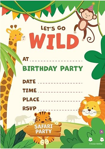 Kirsten McMillan 32 Safari Birthday Party Invitations for Kids with Envelopes - Pack of 32 Safari Party Invites for Girls & Boys - Designed and Printed in the UK