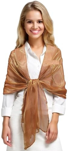 GFM® Bufanda iridiscente brillante de organza para noche, boda, damas de honor o bailes de graduación, Tinte dorado marrón rojizo: 190 cm, L