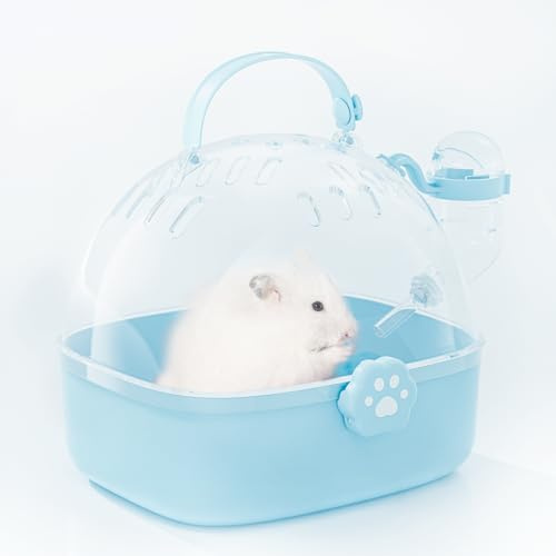 BUCATSTATE Small Animal Carrier Cage with Water Bottle, Portable Hamster Travel Carrier Carry Case 7.24 L*6.69 W *6.42 H for Small Pets, Gerbils, Mice, Dwarf Hamster (Blue)