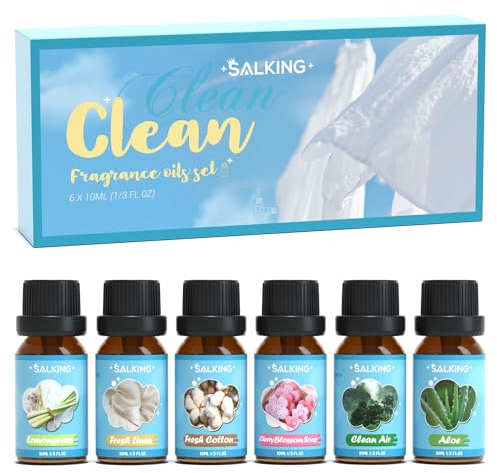SALKING Clean Fragrance Oils, Essential Oils Gift Set, Diffuser Oils, Scented Oils for Soaps Candle Making - Lemongrass, Fresh Cotton, Fresh Linen, Cherry Blossom Soap, Clean Air, Aloe