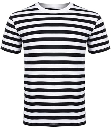 ANZEE DISCOVER THE NEW YOU Camiseta a rayas unisex para hombre y mujer, cuello redondo, manga corta, a rayas, camiseta de algodón, cuello redondo, casual, cuello redondo, ropa de verano, blanco/negro