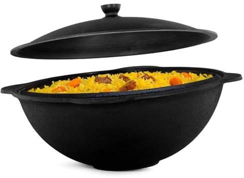 Kazan aus Gusseisen 10L mit Aluminium Deckel Schwenktopf NAMANGAN (flacher Boden) Uzbek Camping Kasan Uzbekisch Cast Iron KESSEL Usbek Asia Topf