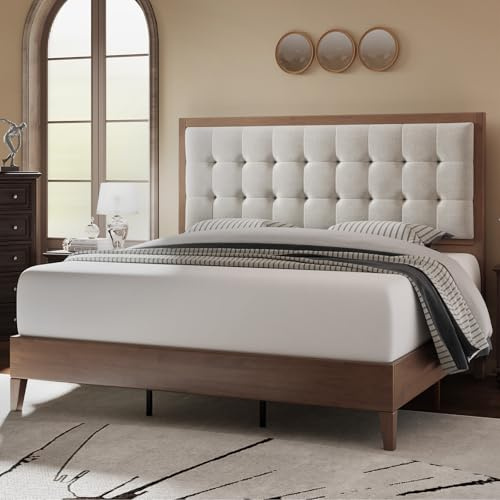 Jocisland Solid Wood Queen Size Bed Frame 50.2 Tall Upholstered Headboard, Mid-Century Style, Stable Platform Support, No Box Spring Needed, Walnut