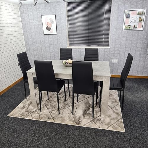 KOSY KOALA Dining Table and 6 Chairs Stone Grey Effect Wood Table 6 Black Leather Chairs Dining Room