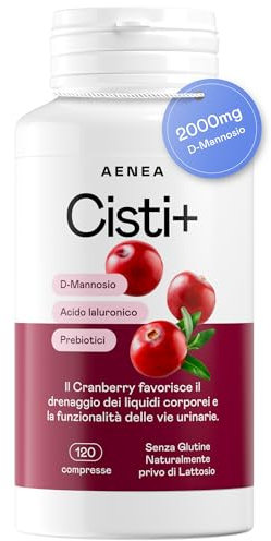 AENEA Cisti+, 120cps D-Mannosio Puro 2000mg + Mirtillo Rosso + Acido Ialuronico + Prebiotici - Integratore Cistite, Benessere delle Vie Urinarie - Cranberry Favorisce drenaggio liquidi corporei