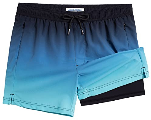MaaMgic Herren Badehose mit Kompression Badeshorts 2 in 1|14cm Innenlänge Schnelltrocknend lässige Swim Shorts Kurz Boardshorts mit Innenhose Reißverschlusstasche XS-XXL,07 Farbverlauf Eisblau,XL