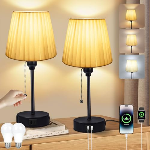 Nachttischlampe 2er Set - Nachttischlampe mit Ladefunktion USB A+C-Anschlüssen, 2 LED Birnen, Leinen-Lampenschirm 3 Einstellbare Farbtemperatur Tischlampe für Wohnzimmer Schlafzimmer Büro Kinderzimmer