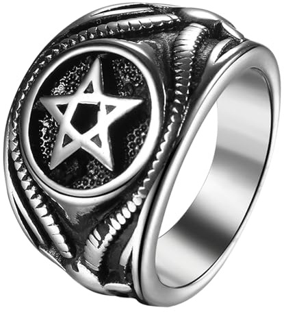 OIDEA Anillo Satánico Vintage Hombre: Anillo del Diablo Pentagrama Sello de Lucifer Cabra de Acero Inoxidable para Caballero Joyería Religiosa Tallas 17 a 30 - Para Rezar Amuleto Uso Diario Regalo