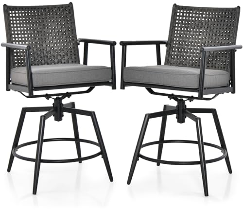 GIANTEX Barhocker 2er Set drehbar, Barstuhl Tresenhocker mit Rattan-Rückenlehne & Metallrahmen, Gartenstuhl Terrassenstuhl mit abnehmbarem Kissen, Bistrohocker Hochlehner Drehstuhl für Outdoor Schwarz