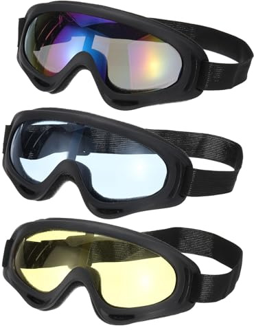 PATIKIL Gafas de Moto de Cross, 3 Pcs Gafas de Moto ATV Gafas de Esquí Gafas de Carreras Casco Gafas a Prueba de Viento para Montañismo, Negro con Lentes Coloridas/Amarillas/Azules