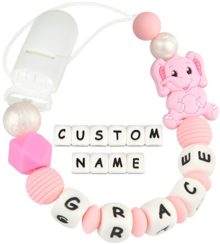 Kowlone Attache Sucette Nom Personnalisé Prenom Silicones Éléphant Attache Tétine en Clips Chaîne pour Bébé Filles Garçons(Rosa)