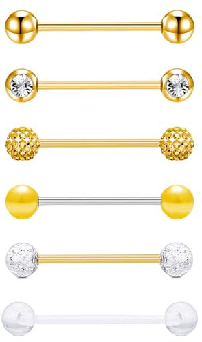 Gojewen 6er Zungenpiercing Chirurgenstahl 16mm Stablänge Piercing Zunge Tongue Schmuck 14G Verschiedene Kugeln Gold