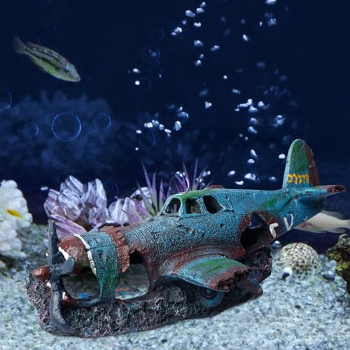 LEKEFETO Aquarium naufrage aérien, décoration d'aquarium, bateau pirate, ornement d'aquarium, pompe à air alimentée (petit avion)