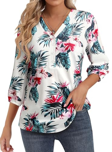WIEIYM 3/4 Sleeve Womens Floral Print T Shirt Summer Hawaiian Shirts V Neck Flower Blouses Tunic Casual Buttons Down Shirt Tops White