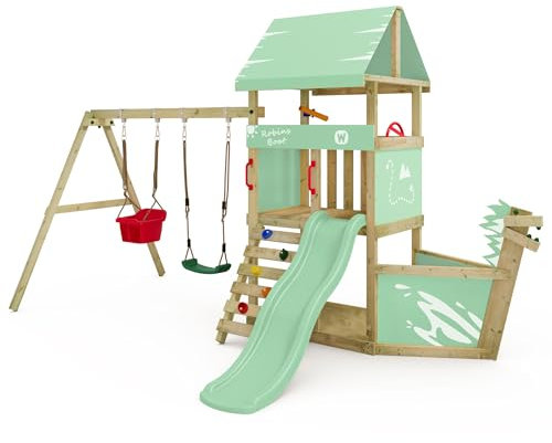 Wickey Spielturm DinkyHouse Piratenschiff - pastellgrüne Rutsche & Plane - Kinder Kletterturm für den Garten aus Massivholz - 372x317x247 cm