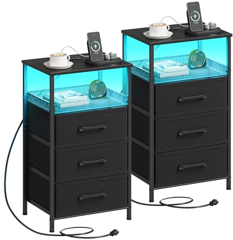 JARHETUN Night Stand Set 2 with Charging Station, 3 Drawer Nightstands with LED Lights, End Table with Outlets and USB Ports, Side Table with Open Shelf, Bedside Tables for Bedroom, Black