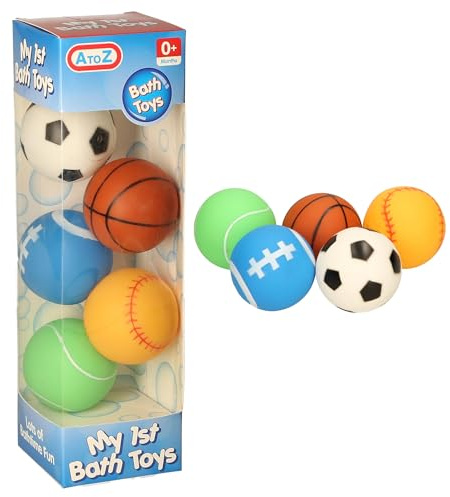 AtoZ Sports Bath Toys Set for Babies, 5 Balls Pack with Soccer, Basketball, Baseball, Football, Tennis, 0+ Months