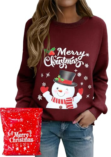 Lonya Sudadera Navideña Mujer Jersey Feo Ugly Christmas con Árbol de Navidad Manga Larga Cuello Redondo Informal y Divertida Camisetas para Fiestas Muñeco de Nieve-Borgoña,L