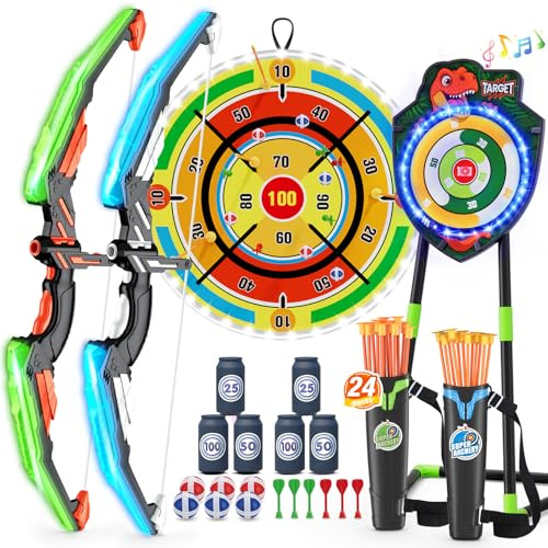 HYES 2 Pack Arc et Flèche avec 29 Lumineux Dart Board, Dinosaure Tir à l'arc avec Flèches à Ventouse, Debout Feuille Cible, Score Cibles, Jouet d'Intérieur et d'Extérieur Cadeaux pour Garçons Filles