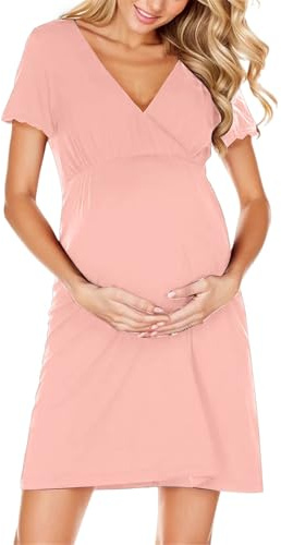 Generico Camicia da Notte Parto Ospedale e Allattamento | Vestito Premaman Donna con Scollo a V a Incrocio, Abbigliamento maternità Manica Corta