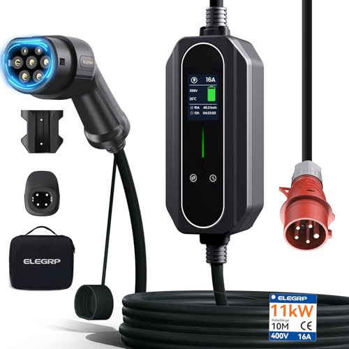 ELEGRP 11 KW Mobile Wallbox med laddningskabel typ 2, trefas EV-laddare, justerbar från 6 till 16 A, 10 m kabel, IP67 vattentät, mobil laddningsstation IEC 62196-2