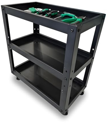 Griplier 3-Tier Utility Car, Heavy Duty Metal Service Cart with Wheels, Rolling Tool Cart on Wheels, Garage Tool Push Cart for Mechanic, Garage, Workshop, Warehouse, Office