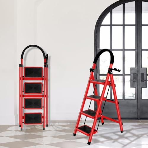 Scaletta a 4 gradini con piattaforma di lavoro, pieghevole, larghe gradini pieghevoli antiscivolo, in acciaio a piedi per adulti, 133 x 74 x 39 cm, colore: rosso
