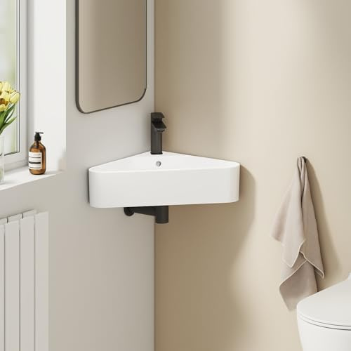 EMKE Lavabo d’Angle 56,0 × 34,0 × 13,0 cm – Lavabo Triangulaire en Céramique avec Trou pour Robinet et Trop-plein, Lavabo Compact Idéal pour Salle de Bain et WC Invités, Blanc Brillant