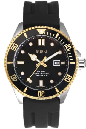 BUREI Orologio subacqueo da uomo, impermeabile fino a 200 m, analogico, al quarzo, in acciaio inox, alla moda, classico, da lavoro, da lavoro, con data automatica, Oro-Nero, Stile del prodotto