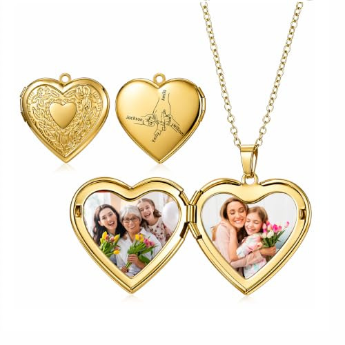 Gaosh Collar con Medallón Personalizado para Mujer – Collar con Corazón Grabado con Nombre para Mamá Abuela, Regalo para Día de la Madre, Navidad (A-Dorado)
