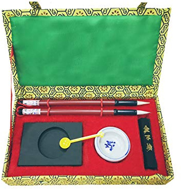HorBous 7 PCS Chinese Calligraphy Inkstone + water bowl + Ink stick + 2 Brush Pens + Ink Spoon + Gift Box Set for Kids Child Beginner