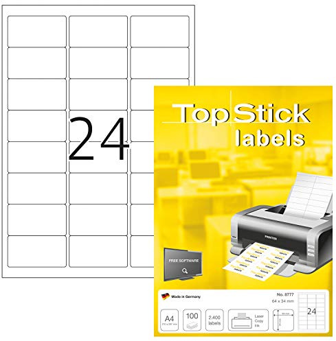 TopStick 8777 Address Mailing Labels, 24 Labels Per A4 Sheet, 64 x 34 mm, 2400 Labels, Self Adhesive, Stickers for Laser and Inkjet Printers, White