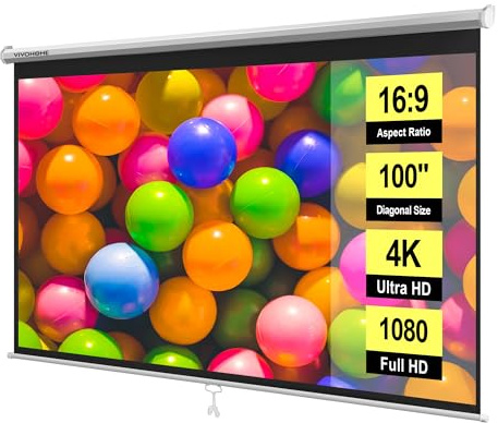 VIVOHOME 100 Inch 16:9 Pull Down Projector Screen, HD 4K Retractable Movie Screen for Indoor Home Theater and Office, Manual Projection Screen with Auto Locking (87W x 49H Inch Display Area)