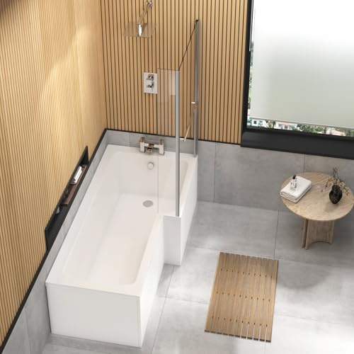 Qubix 1700 x 850mm Right Hand L-Shaped Shower Bath Acrylic Bathtub with Glass Shower Fixed Screen