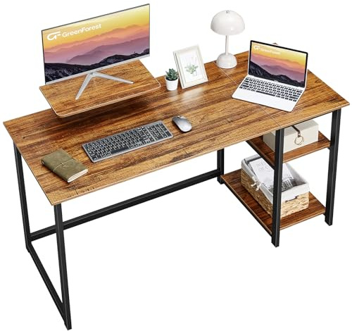 GreenForest Bureau avec Rangement,Petite Bureau d’Ordinateur avec Support de Moniteur, Bureau Gaming avec Étagères de Réversibles, 140cm Bureaux à Domicile et Postes de Travail Informatiques,Marron