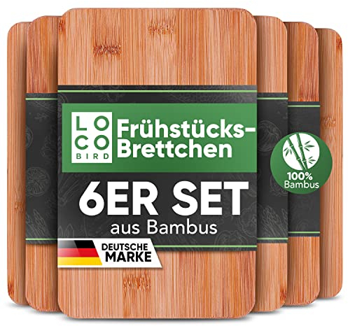 Loco Bird Frühstücksbrettchen Holz 6Set - Schneidebrett Holz 22x14cm - Brettchen aus Bambus für Gravur - Holzbrett Küche, Robustes Brotzeitbrett, Schneidebretter klein, Jausenbrett, cutting board