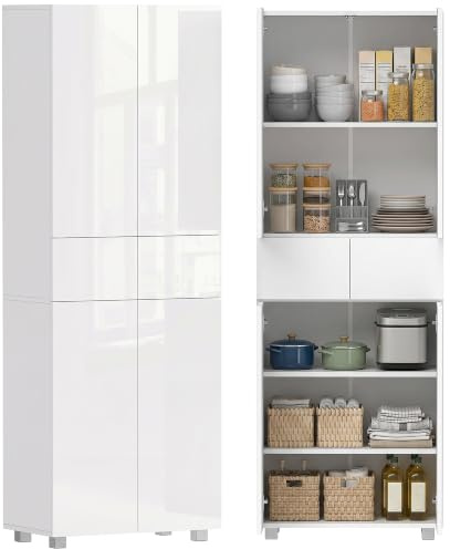 HOMCOM Armoire Cuisine Buffet de Cuisine Haut Meuble de Rangement avec 4 Portes Ouvertes par poussée, 2 tiroirs et des étagères réglables Style Moderne 60 x 35 x 170 cm Blanc laqué