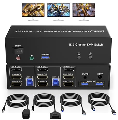 Trippelmonitorer KVM-switch displayport 2 HDMI, 4K@60 Hz KVM-switch HDMI 2.0 DP 1.2 för 2 PC 3 bildskärmar, KVM-switchar med 3 USB 3.0-portar och ljudmikrofon för 2 PC-musdelar, tangentbord