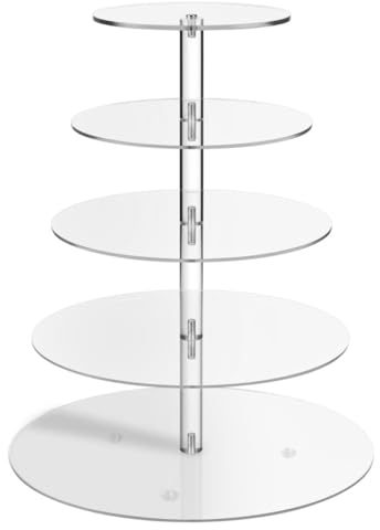 HEKOBAG 5 Tier Acrylic Cupcake Stand, Round Acrylic Display Stands Clear Dessert Pastry Tower Premium Cupcake Holder Reusable Dessert Tower for Wedding, Birthday, Theme Party, Baby Shower -16.7’’