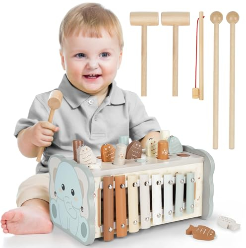 DINORUN Montessori Spielzeug ab 1 Jahr, Hammerspiel Holzspielzeug Motorikspielzeug, Xylophon Kinder 1 Jahr, Geschenk Kinderspielzeug ab 1 2 3 4 Jahre Mädchen Junge