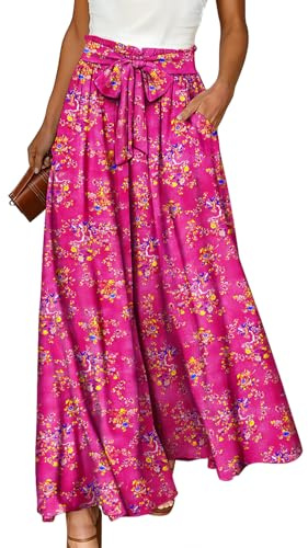 YESNO Women Wide Leg Pants High Waisted Floral Boho Palazzo Culottes Casual Flowy Tie Knot Trousers with Pockets L PPS CR026